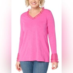 Belle by Kim Gravel Slub Knit Double Flutter Sleeve Top Hot Pink Flambe L Large